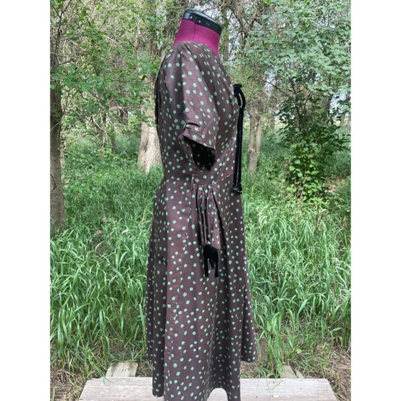 Vintage 1940s Brown Polished Cotton Floral Dress Art Deco - Picture 16 of 16